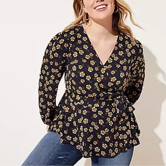 LOFT Navy Daisy Wrap Top - Picture 1 of 9